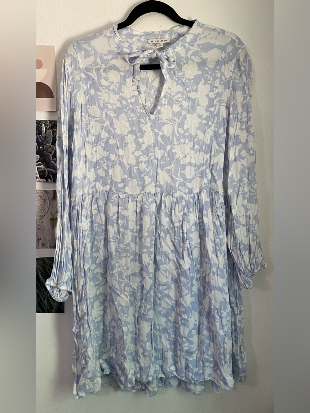 Love Shack Fancy Light Blue Floral Tie-Neck Mini Dress